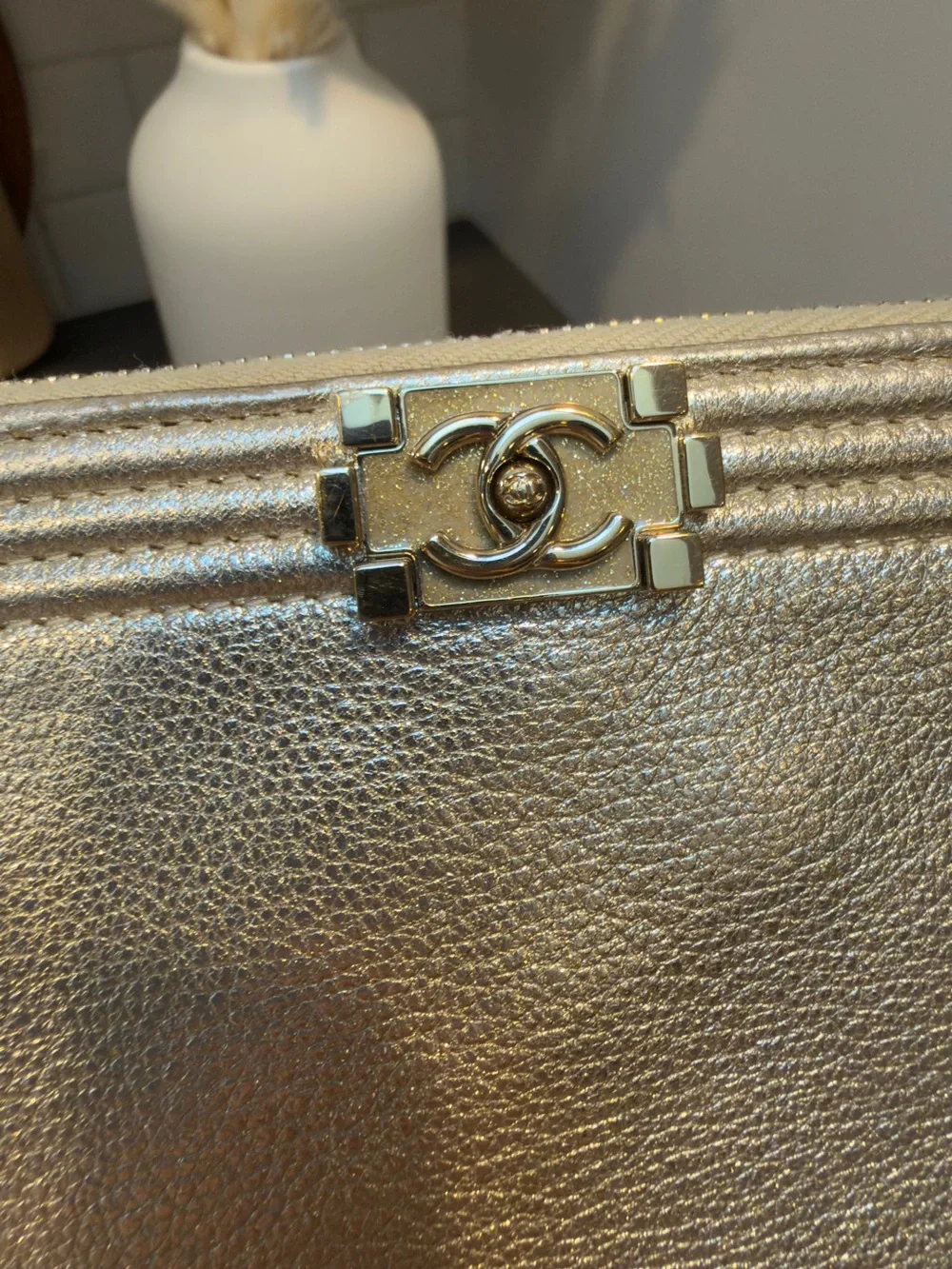 Chanel Boy O Case Clutch Pouch Medium Black and Silver Calfskin